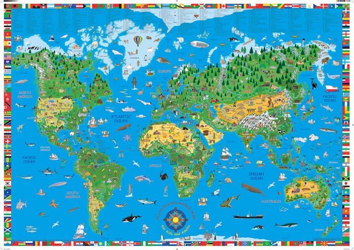  Children and Adults World Map - Pictorial with flags around the edges